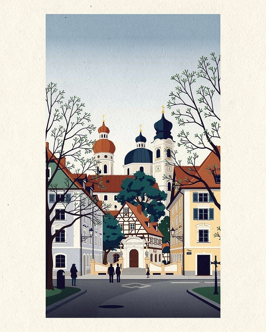 Eingang des Münchner Stadtmuseums mit historischer Fassade am späten Vormittag