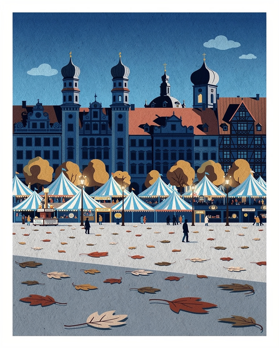 Blick vom Turm der Paulskirche über die Theresienwiese mit den Dächern der Oktoberfest-Zelte
