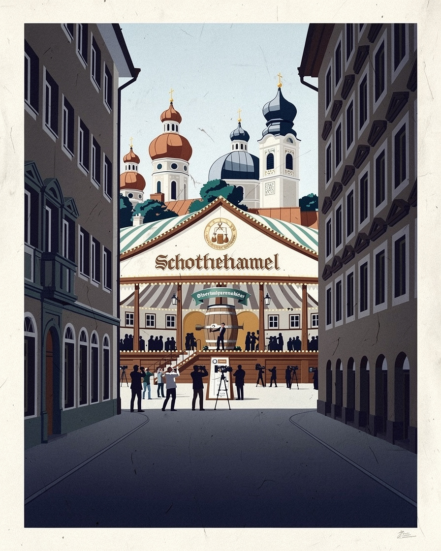 Oberbürgermeister beim Anstich des ersten Holzfasses im Schottenhamel-Festzelt auf dem Oktoberfest in München, umringt von Fotografen