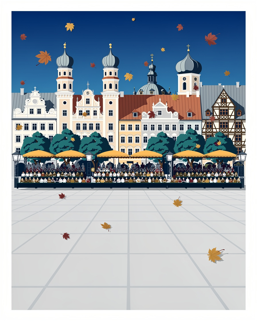 Besetzte Zuschauertribüne am Straßenrand beim Trachten- und Schützenzug zum Oktoberfest in München