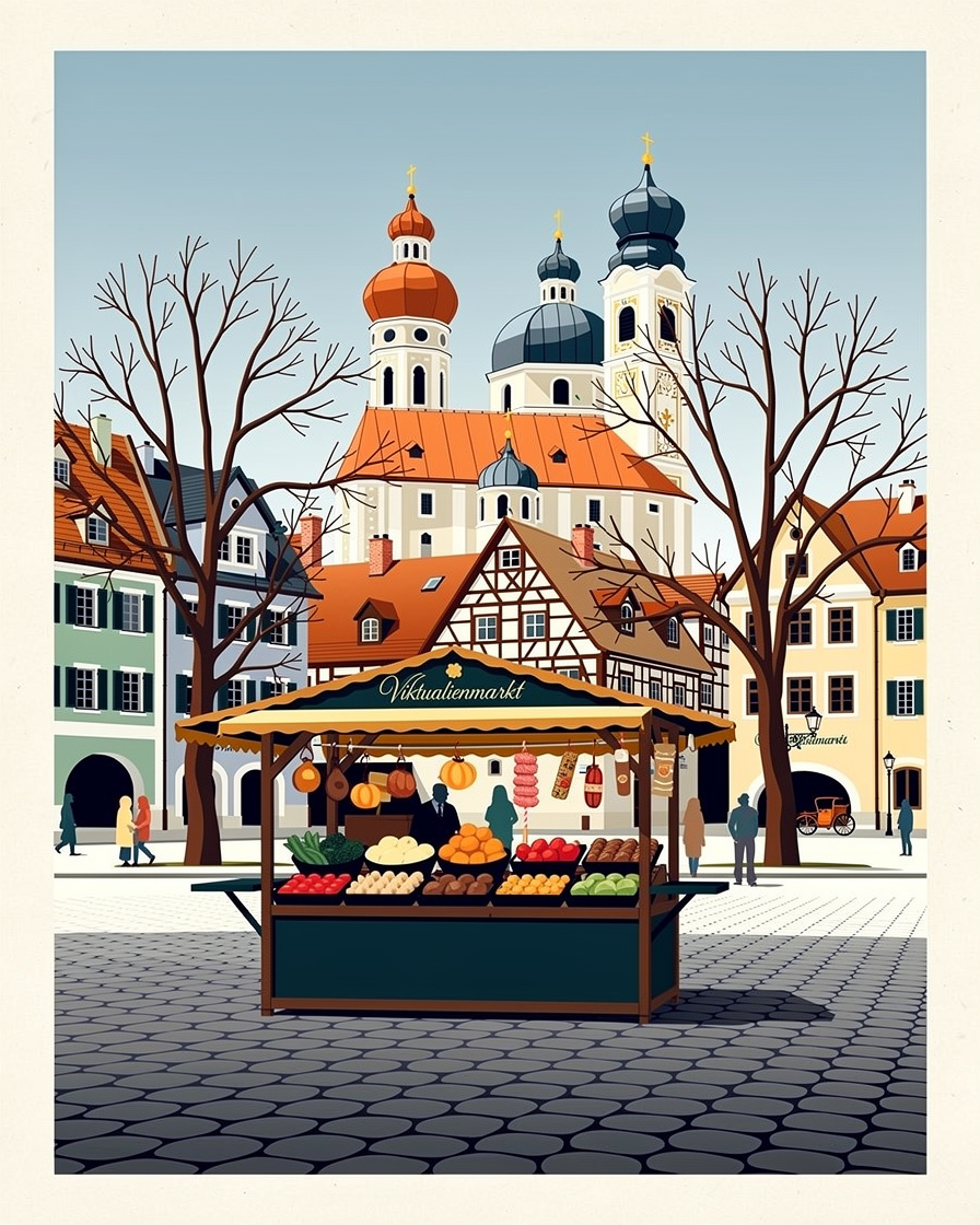 Marktstand mit Obst und bayerischen Spezialitäten auf dem Viktualienmarkt in München am Vormittag
