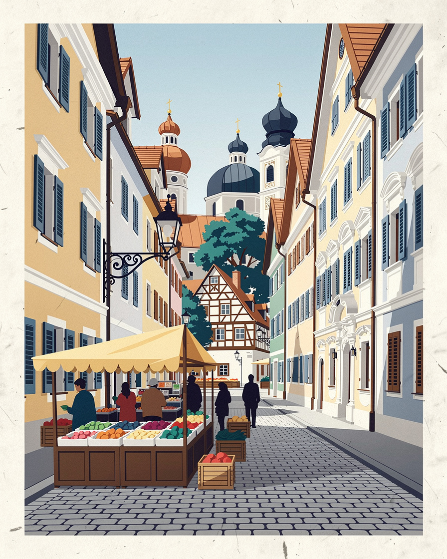 Gemüsestand mit regionalem Angebot auf einem Wochenmarkt in einem Münchner Stadtviertel am Samstagvormittag
